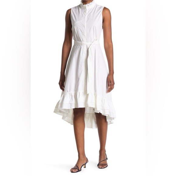 NEW CALVIN KLEIN Cotton Ruffled Mock-Neck High Low Midi Dress - Picture 4 of 7